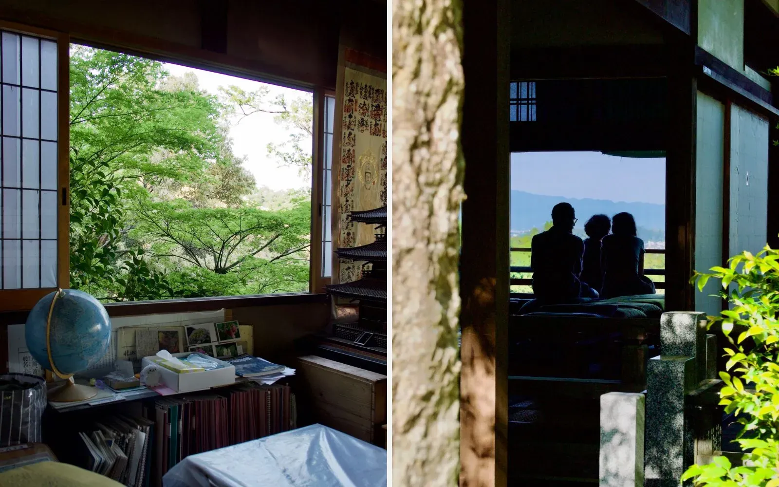 A cluttered temple room with a globe and a pagoda model, a window open onto maple trees; Three visitors in silhouette sitting on a ledge, looking out over distant hills