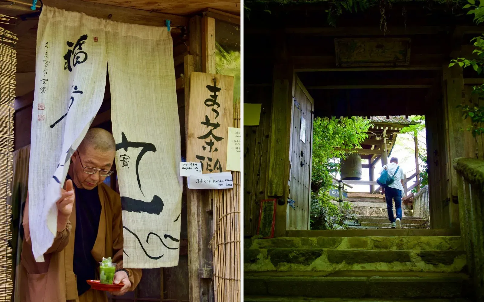 A monk in a brown robe stepping through a calligraphy noren curtain with an iced matcha latte on a tray; A visitor climbing mossy stone steps through a wooden temple gate toward a bronze bell
