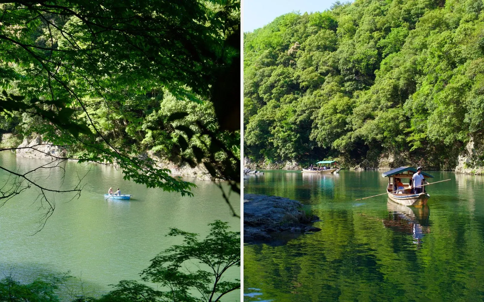 A blue rowboat on the green Katsura River, framed by maple leaves; A boatman poling a covered wooden boat across the river under a wooded cliff