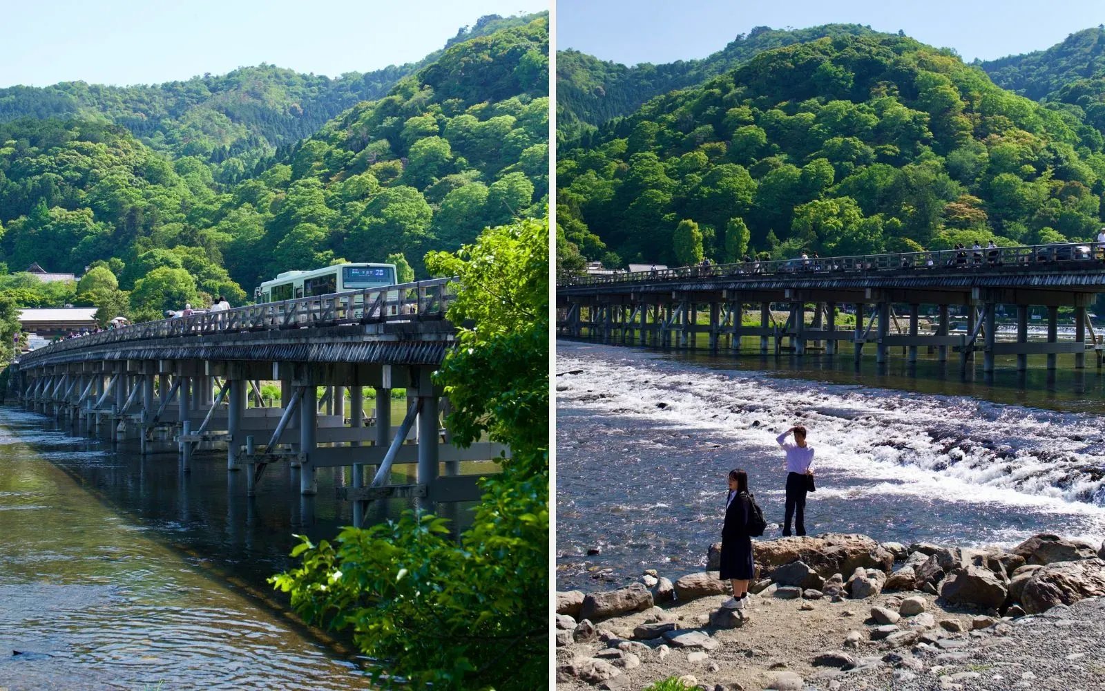 A city bus crossing the long wooden Togetsukyo Bridge below green hills; Two high school students standing on the rocky shore of the Katsura River, the bridge and a weir behind them