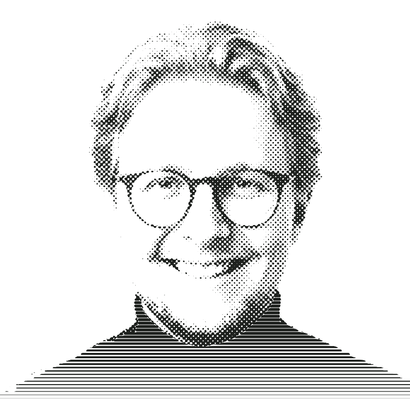 Thomas Keller, smiling, printed as a two-ink halftone