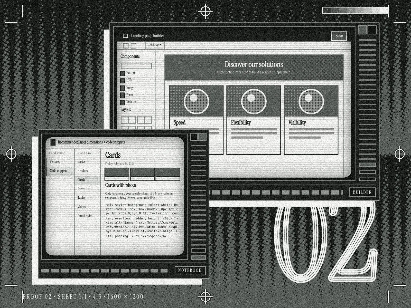 Two retro monitors: a notebook of code snippets in front, and a page builder behind it showing three finished cards, over a graphite halftone