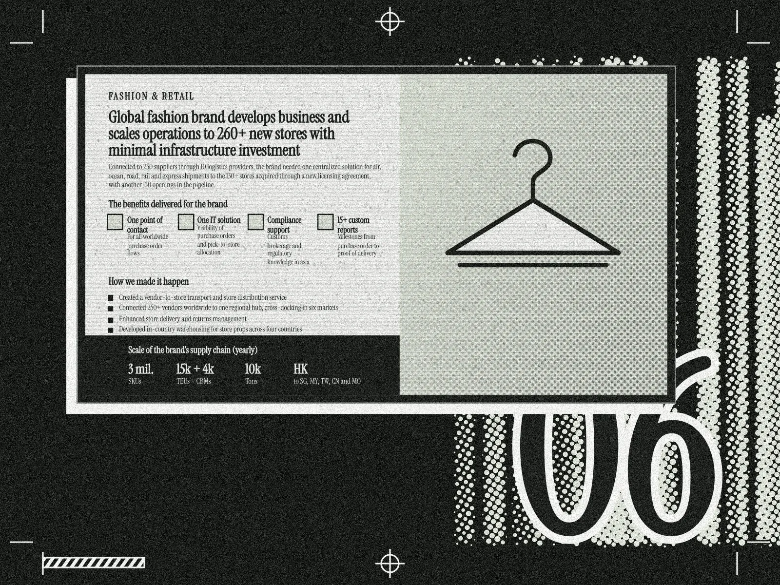A case-study slide for a fashion and retail customer, with a headline, benefits, key figures and a hanger pictogram, over a pale sage barcode halftone