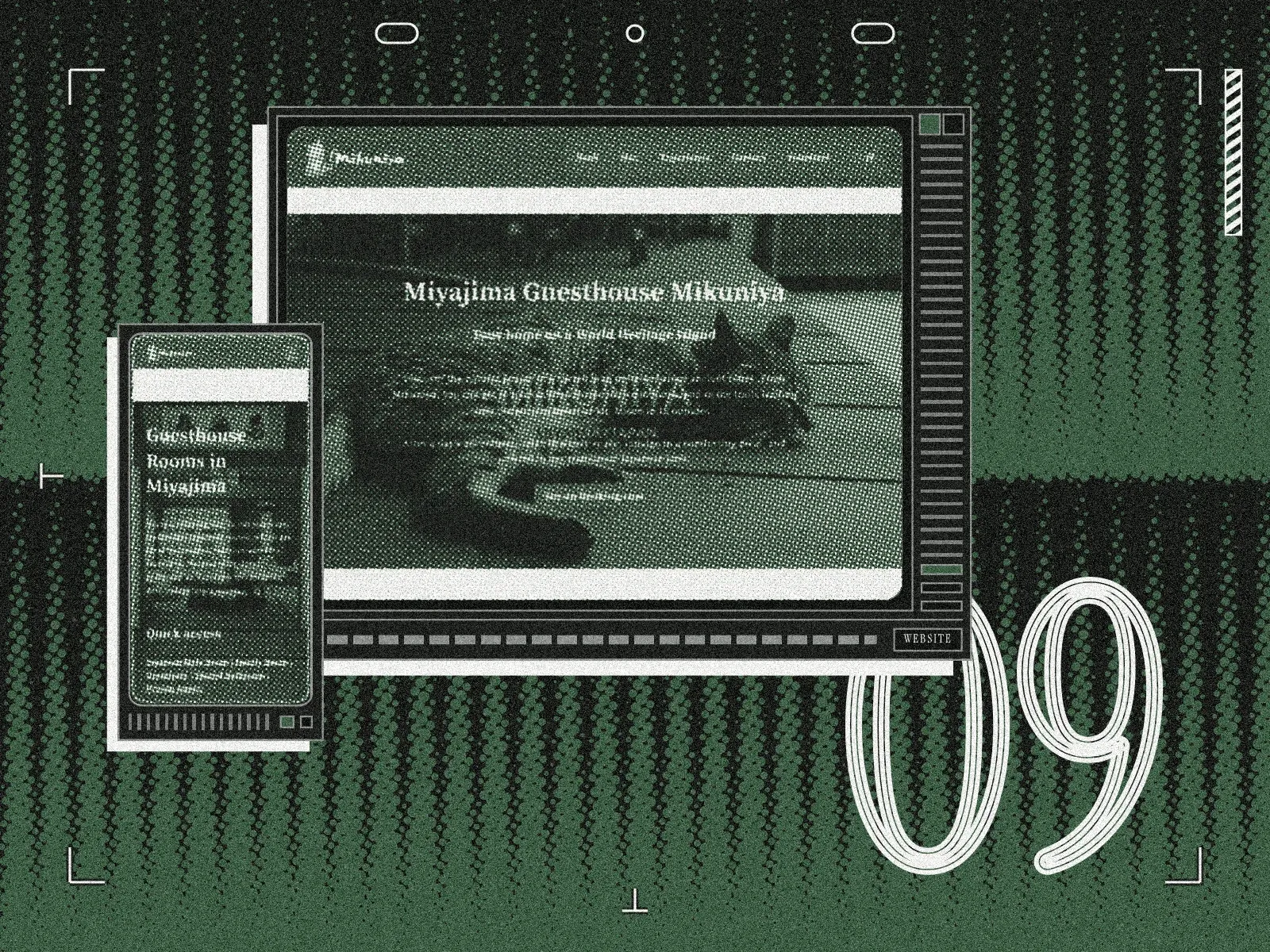 The guesthouse’s English homepage, its cat asleep in the hero, on a retro terminal, with the Rooms page on a phone beside it, printed in two inks over a dark green halftone
